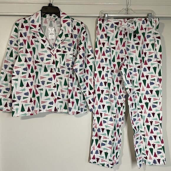J. Crew Long Sleeve Flannel Holiday Print Pajama Sleep SET Size MP White Multi - Picture 9 of 12